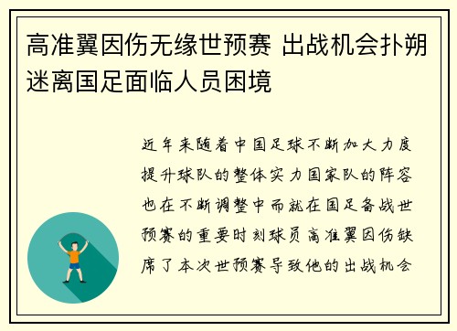 高准翼因伤无缘世预赛 出战机会扑朔迷离国足面临人员困境 高准翼因伤无缘世预赛 出战机会扑朔迷离国足面临人员困境